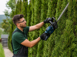 Moski-obrezuje-visoke-grmovje-v-vrtu